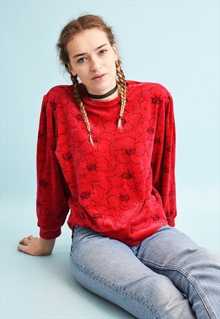 80'S RETRO FLORAL PRINT VELVET SWEATSHIRT JUMPER