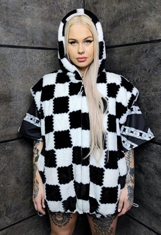 Checkerboard fleece gilet handmade check hoodie jacket white