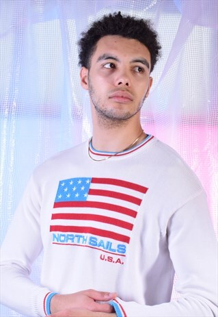 VINTAGE NORTH SAILS WHITE, BLUE AND RED KNITTED JUMPER