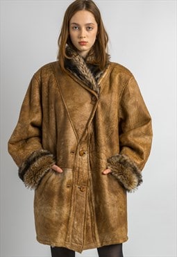 Sheepskin Leather Coat 80s, Size L Brown Shearling Fur 5947