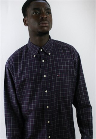 MENS VINTAGE TOMMY HILFIGER SHIRT SPELLOUT CHECK XL 90'S