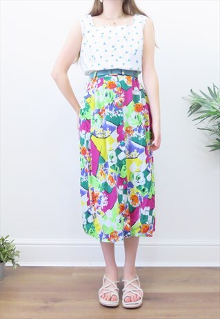 80S VINTAGE RAINBOW FLORAL MIDI SKIRT