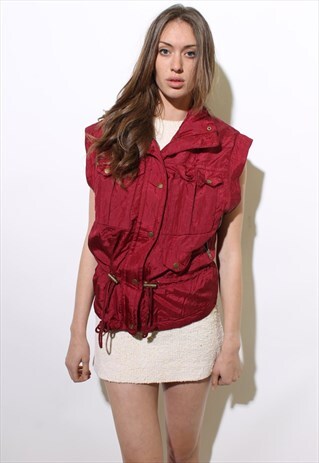 VINTAGE 1980'S 80'S MAROON NYLON CARGO PUFFER GILET VEST M-L