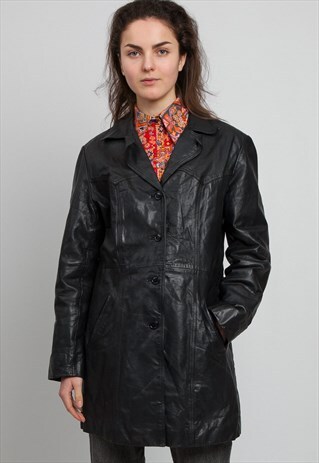 VINTAGE BLACK SAKI LEATHER LEATHER COAT
