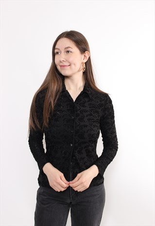 90s black color floral blouse, vintage evening flowers shirt