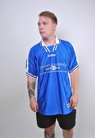 80S BLUE RETRO FOOTBALL JERSEY, V-NECK SOCCER TEE, SIZE XL