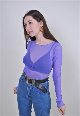90S PURPLE TRANSPARENT BLOUSE, VINTAGE SEXY PARTY SHIRT