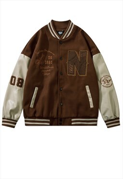 Retro baseball varsity jacket multi patch MA-1 bomber brown