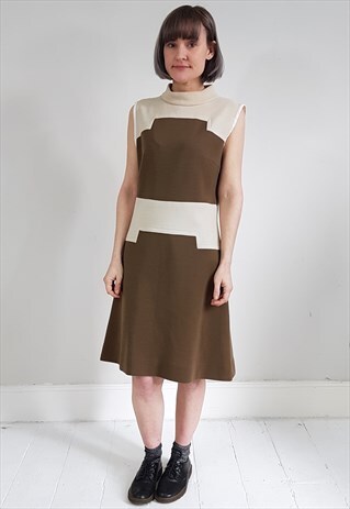 VINTAGE 60'S REWORKED HIGH NECK CREAM AND BROWN DRESS
