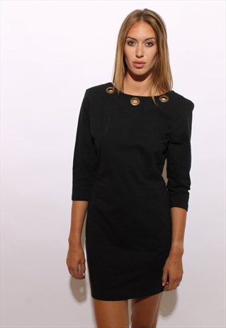 VINTAGE 1980'S 80'S BLACK GROMMET BODY CON MINI DRESS L-XL