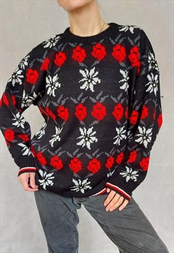Vintage Black Floral Pullover, Large Size 90s Knit Sweater