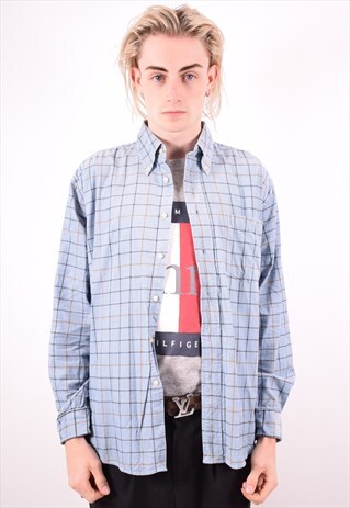 MENS VINTAGE CORDUROY SHIRT LARGE BLUE CHECK 90S