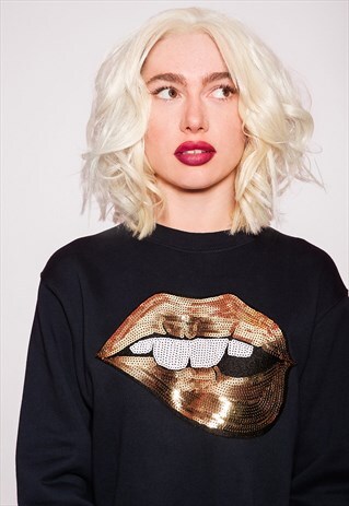 UNISEX JUMPER IN NAVY WITH SEQUIN LIPS MOTIF IN GOLD