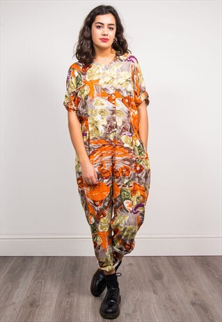 VINTAGE 90'S BRIGHT FLORAL PATTERN JUMPSUIT