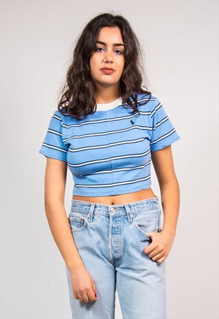 90'S VINTAGE RALPH LAUREN BLUE STRIPE REWORK CROPPED T-SHIRT
