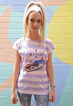 T-shirt Vintage 80s Lilac Pink Striped Turntable Print M - L