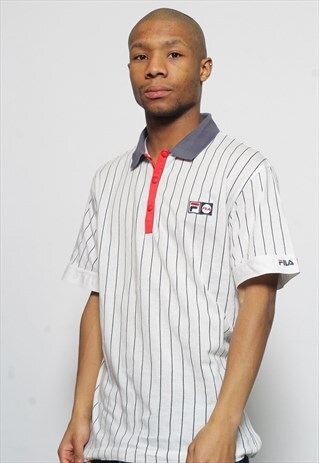 VINTAGE FILA PIN STRIPE POLO SHIRT WHITE