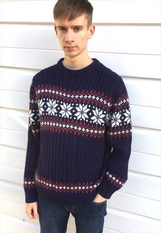 MENS VINTAGE 80S JUMPER BLUE PATTERENED FAIRISLE SWEATER TOP