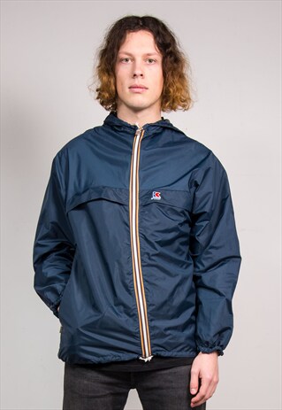 VINTAGE 90'S NAVY BLUE K-WAY HOODED CAGOULE JACKET