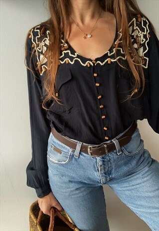 VINTAGE 90S BOHO HIPPIE WOODEN BEADS EMBROIDERED BLOUSE TOP