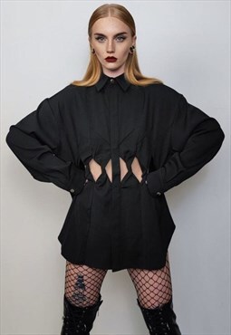 Cut out shirt long sleeve geometric hole top mesh blouse