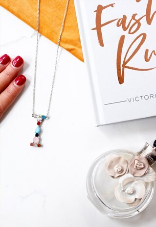 SILVER JEWELED STONE MONOGRAM INITIAL 'I' STATEMENT NECKLACE