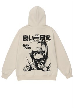 Anime hoodie Japanese pullover grunge cartoon jumper cream