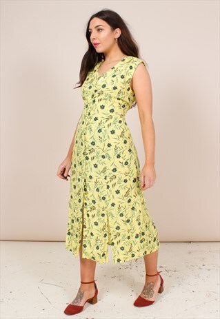 VINTAGE 80S FLORAL PRINT THIGH SPLIT MIDI DRESS