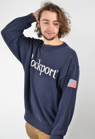VINTAGE ROCKPORT KNITTED 90'S SWEATSHIRT JUMPER IN BLUE