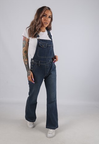 VINTAGE DENIM DUNGAREES WIDE FLARED LEG UK 8 XS (4BA)