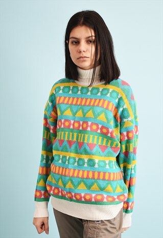 80'S RETRO GEOMETRICAL PATTERN TURTLENECK KNIT JUMPER