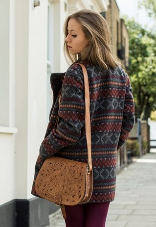 TAN LEATHER HAND CARVED SADDLE BAG