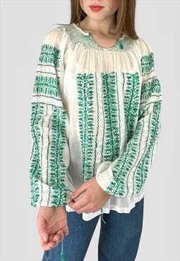 70's Vintage White Cotton Green Embroidery Hippy Blouse