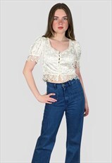 70's Vintage White Lace Satin Short Puff Sleeve Crop Blouse