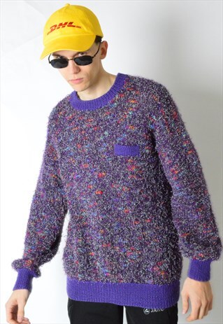 VINTAGE 90S UNISEX PURPLE COLOURFUL SPECKLED FUZZY JUMPER