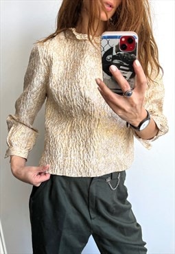 Retro Gold Short Boho Blouse With Crochet Collar 