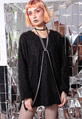 90S Y2K GRUNGE BLACK FLUFFY FURRY OVERSIZE JUMPER SWEATER