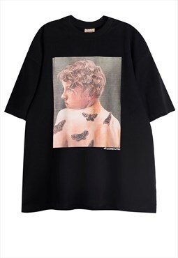 Retro painting t-shirt butterfly tee grunge top in black
