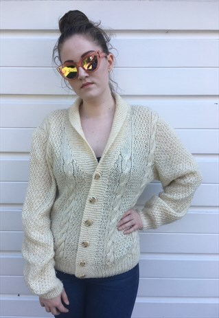 WOMENS VINTAGE 80S CARDIGAN CREAM CABLE KNIT JUMPER TOP