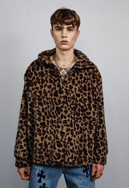 Leopard fleece pullover brown animal print half zip jumper