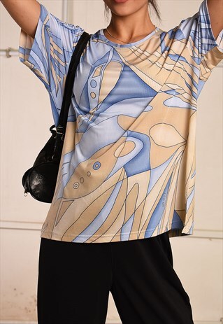 90'S RETRO ABSTRACT PRINT LYCRA MOMS T-SHIRT TEE TOP