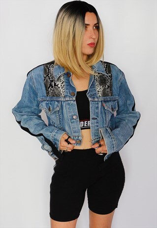 REWORKED SNAKE PRINT VINTAGE DENIM LEVIS CROP JACKET