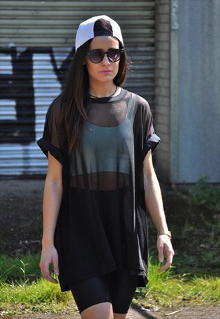 OVERSIZE BLACK SHEER MESH FRONT T SHIRT DRESS TOP