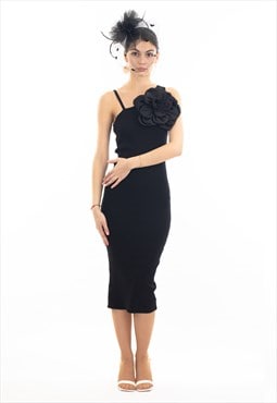 Knitted Bodycon midi dress with Camellias Brooches