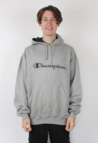 VINTAGE CHAMPION HOODIE IN GREY WITH EMBROIDERED SPELL OUT