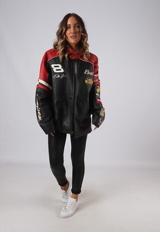 LEATHER RACING JACKET BOMBER OVERSIZED NASCAR BUD UK 18 DKEG