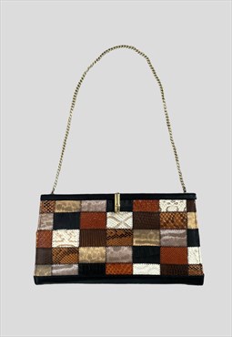 70's Vintage Ladies Bag Black Brown Patchwork Gold Chain 