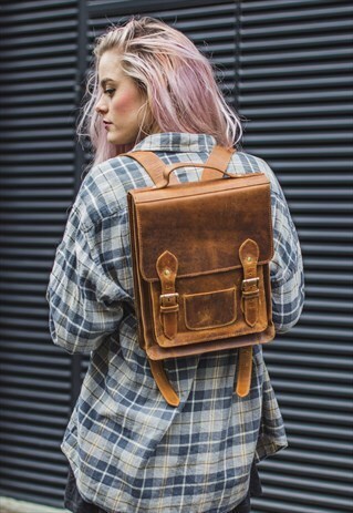 DISTRESSED LEATHER BIKER BACKPACK IN BROWN