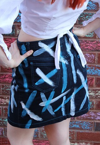 VINTAGE 90'S NAVY BLUE HAND PAINTED FESTIVAL DENIM SKIRT