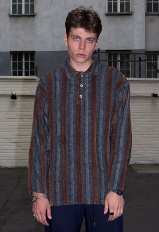 VINTAGE 90S BOHO HIPPIE STRIPED SHIRT IN BROWN AND GREY